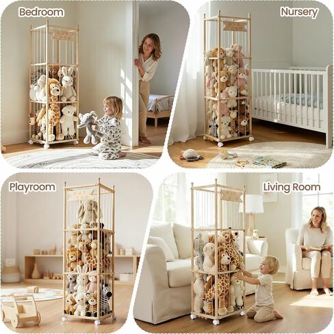 Ostutry Stuffed Animal Storage with Wheels - Wood Stuffed Animals Organizer Holder Zoo Large Capacity Plush Toy Cage with Elastic Band for Playroom, Bedroom, Nursery in Kuwait
