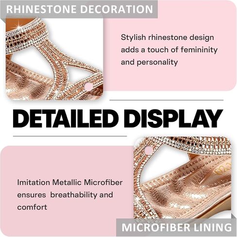 Women's Rhinestones T-Strap Flat Boho Sandals Round Open Toe Low Wedge Soft Soled Dress Sandals with Elastic ankle Strap for Causal Party Work Walking Daily Life in Kuwait