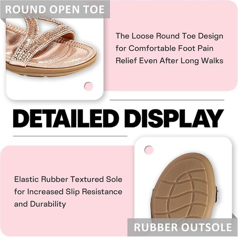 Women's Rhinestones T-Strap Flat Boho Sandals Round Open Toe Low Wedge Soft Soled Dress Sandals with Elastic ankle Strap for Causal Party Work Walking Daily Life in Kuwait
