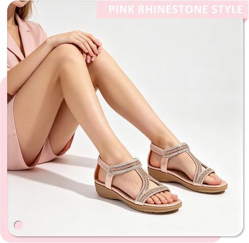 Women's Rhinestones T-Strap Flat Boho Sandals Round Open Toe Low Wedge Soft Soled Dress Sandals with Elastic ankle Strap for Causal Party Work Walking Daily Life in Kuwait