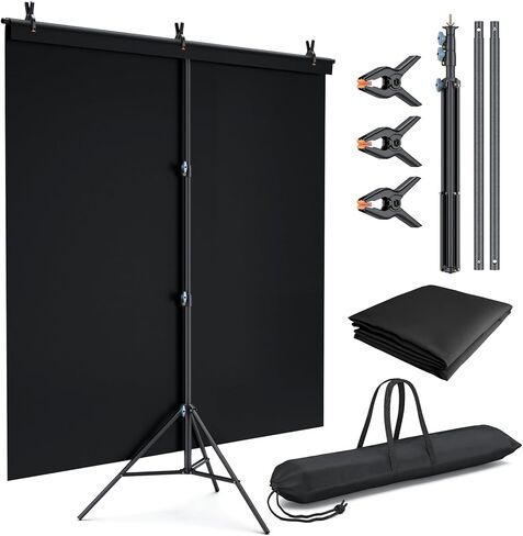 LINCO Lincostore 5x6.7ft Backdrop Stand, Portable Black Photo Backdrop Background with T-Shape Stand, Carry Bag, Spring Clamp for Photography Party Decoration Streaming Studio (Black Backdrop) in Kuwait