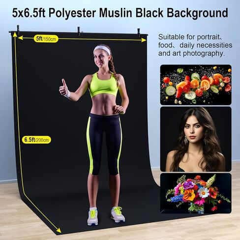 LINCO Lincostore 5x6.7ft Backdrop Stand, Portable Black Photo Backdrop Background with T-Shape Stand, Carry Bag, Spring Clamp for Photography Party Decoration Streaming Studio (Black Backdrop) in Kuwait