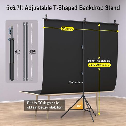 LINCO Lincostore 5x6.7ft Backdrop Stand, Portable Black Photo Backdrop Background with T-Shape Stand, Carry Bag, Spring Clamp for Photography Party Decoration Streaming Studio (Black Backdrop) in Kuwait