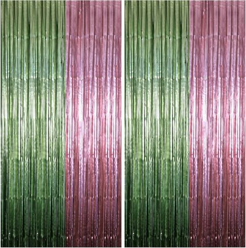 Pink and Green Party Decorations Tinsel Foil Fringe Backdrop 2 Pcs | 3.3’x6.6’, Wicked Party & Halloween Streamer, Durable Metallic Tassel Create Photo Booth & Entrance in Saudi Arabia