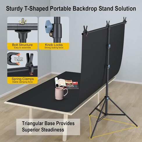 LINCO Lincostore 5x6.7ft Backdrop Stand, Portable Black Photo Backdrop Background with T-Shape Stand, Carry Bag, Spring Clamp for Photography Party Decoration Streaming Studio (Black Backdrop) in Kuwait