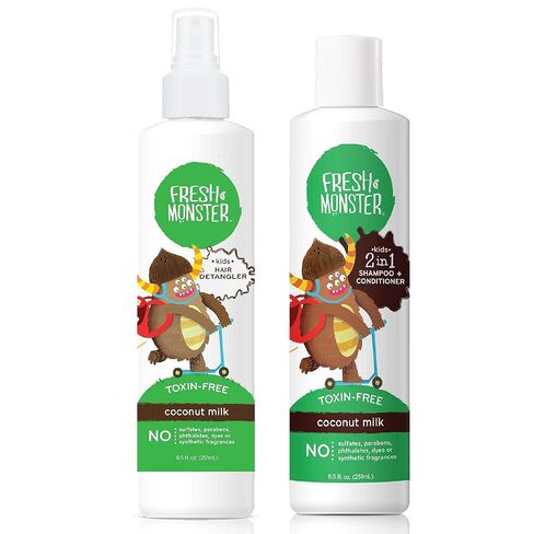 Fresh Monster Kids 8.5 oz Detangler Spray & 8.5 oz 2in1 Shampoo, Watermelon | Natural Hair Care Bundle for Kids, Toxin-Free, Sulfate/Paraben Free, Hypoallergenic, Dermatologist Tested, Made in USA in Kuwait