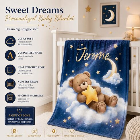 Personalized Baby Blanket for Boys, Custom Baby Blanket with Name Soft Personalized Name Blankets for Newborns, Toddlers Kids, Custom Gift Blankets for Birthday Baby Shower in Kuwait