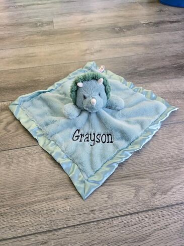 SONA G DESIGNS Personalized with Name Dinosaur Lovie Security Blanket, Teal Dino Dinosaur Plush with Satin Trim, 14x14 Inches, Baby Sleep Aid, 0-36 Months in Kuwait