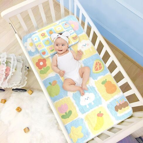 Yellow and Blue Bear Flower Check Pattern Cooling Baby Toddler Bed Mattress 28" x 52" Washable Mattress Protector Pads for Kids, Adult in Kuwait