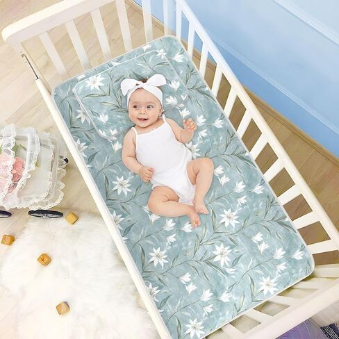 White Retro Flowers Cooling Baby Mattress Cover 28" x 52" Ultra Soft Bed Pads Washable for Kids, Adult in Kuwait