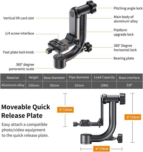 K&F CONCEPT Aluminum Alloy 360 Degree Panoramic Gimbal Tripod Head with 1/4'' Standard Quick Release Plate and Bubble Level,Load Capacity up to 20kg/44lbs | 1/4'' Standard Quick Release Plate, Bubble Level, Load Capacity up to 20kg/44lbs. TG06 in Kuwait
