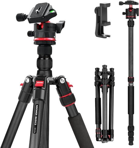 NEEWER Basics Carbon Fiber Travel Tripod Monopod, 64" Compact Lightweight Portable Camera Cell Phone Holder Stand Compatible with iPhone Video Recording, Arca Type Ball Head, Max Load 13.2 lbs, TP17B in Kuwait