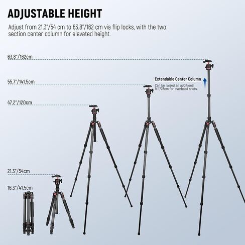NEEWER Basics Carbon Fiber Travel Tripod Monopod, 64" Compact Lightweight Portable Camera Cell Phone Holder Stand Compatible with iPhone Video Recording, Arca Type Ball Head, Max Load 13.2 lbs, TP17B in Kuwait
