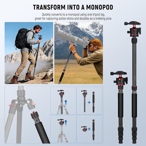 NEEWER Basics Carbon Fiber Travel Tripod Monopod, 64" Compact Lightweight Portable Camera Cell Phone Holder Stand Compatible with iPhone Video Recording, Arca Type Ball Head, Max Load 13.2 lbs, TP17B in Kuwait
