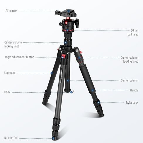 NEEWER Basics Carbon Fiber Travel Tripod Monopod, 64" Compact Lightweight Portable Camera Cell Phone Holder Stand Compatible with iPhone Video Recording, Arca Type Ball Head, Max Load 13.2 lbs, TP17B in Kuwait