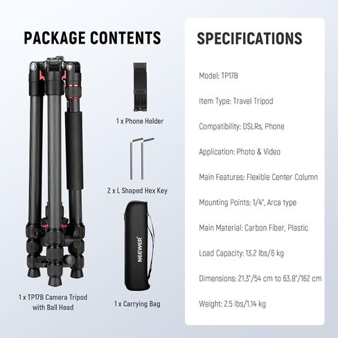 NEEWER Basics Carbon Fiber Travel Tripod Monopod, 64" Compact Lightweight Portable Camera Cell Phone Holder Stand Compatible with iPhone Video Recording, Arca Type Ball Head, Max Load 13.2 lbs, TP17B in Kuwait