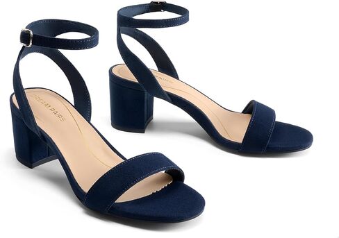 DREAM PAIRS Women's Low Chunky Heels Sandals,Navy/Suede,7 | Round Open Toe Heels, Ankle Strap, Block heels, Dress Summer Shoes for Wedding Party Daily in Kuwait