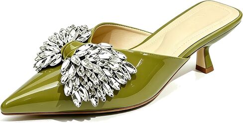 Women's Rhinestone Bow Kitten Heel Mules Pointed Toe Low Heel Slide Sandals | Shiny Patent Leather Crystal Embellishments Closed Toe 1.57" Low heel Mule Slides for Office Wedding Guest Date Night Party in Kuwait