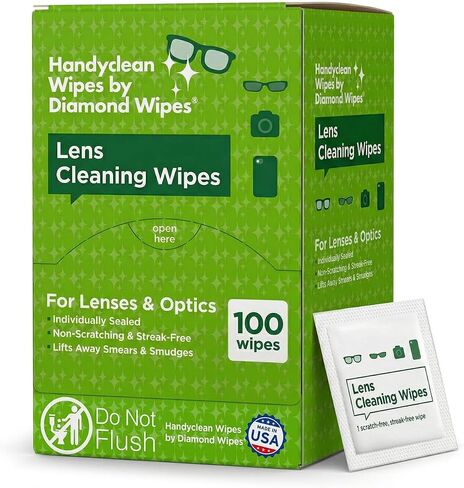 HandyClean Pre-Moistened Lens & Eyeglass Cleaner Wipes 6x5 in, 100 Count | Screen Wipes to Lift Away Smears and Smudges, Individually Packed for Home, Work and Travel, Tsa Approved in Kuwait