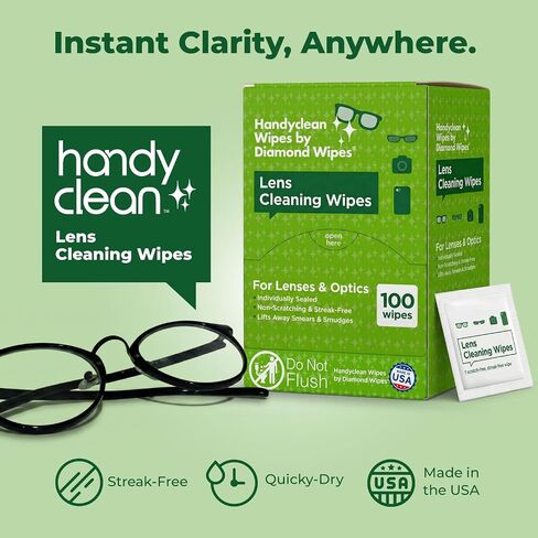 HandyClean Pre-Moistened Lens & Eyeglass Cleaner Wipes 6x5 in, 100 Count | Screen Wipes to Lift Away Smears and Smudges, Individually Packed for Home, Work and Travel, Tsa Approved in Kuwait
