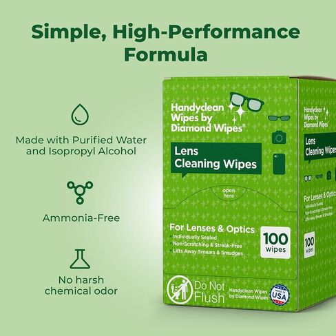 HandyClean Pre-Moistened Lens & Eyeglass Cleaner Wipes 6x5 in, 100 Count | Screen Wipes to Lift Away Smears and Smudges, Individually Packed for Home, Work and Travel, Tsa Approved in Kuwait