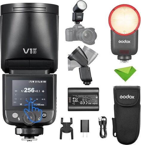 Godox V1 MID O TTL Flash for Olympus Panasonic, Touchscreen Travel Flash | 1.7s Recycle, 650 Full Power Pops, 2W Modeling Lamp, TTL/HSS 1/8000s, V1MID O Lightweight Speedlight Round Head Flash in Kuwait