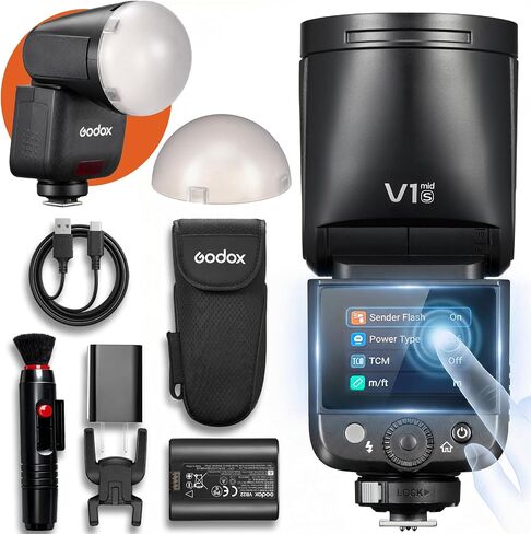 Godox V1 MID S Flash for Sony with AK-R11,55W Round Head Speedlite Touchscreen,Upgrade 24mm,650+Full Power Pops,1.7s Recycle, TTL/HSS 1/8000s V1MID Lightweight Travel Flash for A7C II A6700 A7IV ZV-E1 in Kuwait