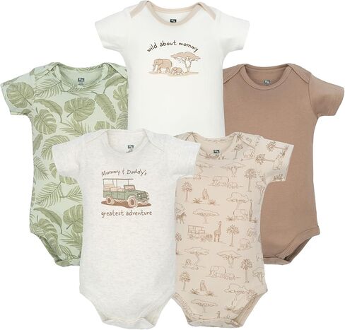 Hudson Baby Infant Boys Cotton Bodysuits 5-Pack, Beige Safari, 0-3 Months in Kuwait