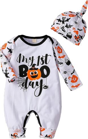 Thorn Tree Infant Newborn Baby Girl Boy Long Sleeve Romper Unisex Baby Halloween Outfits 2Pcs Hat+Jumpsuit Clothes Set in Kuwait