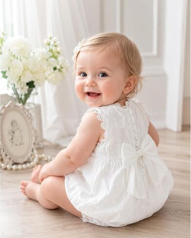 HOOLCHEAN Baby Girl Summer Lace Romper Sleeveless Bubble Onesie with Embroidery and Back Bow in Kuwait