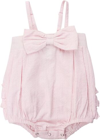 RuffleButts Baby Girls Pink Striped Seersucker Bubble Romper - 3-6m | Lightweight Fabric, Adjustable Straps, Classic Fit, Machine Washable, Tumble Dry, 8 x 6 x 0.5 in, Leotard Bodysuit Design in Kuwait