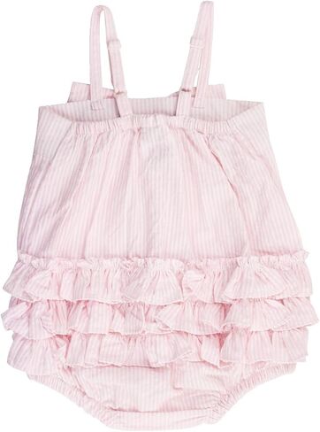 RuffleButts Baby Girls Pink Striped Seersucker Bubble Romper - 3-6m | Lightweight Fabric, Adjustable Straps, Classic Fit, Machine Washable, Tumble Dry, 8 x 6 x 0.5 in, Leotard Bodysuit Design in Kuwait