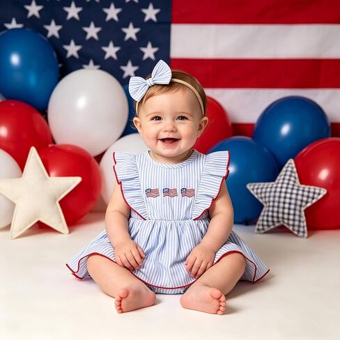 IMEKIS Newborn Baby Girls 1st 4th of July Outfit, Embroidery Romper Dress Headband Summer Clothes Birthday Photo Shoot in Kuwait