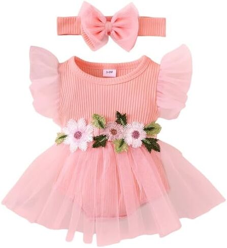 Newborn Baby Girl Summer Rompers Summer Dress Infant Ruffle Sleeveless Clothes with Headband 0-12 Months in Kuwait