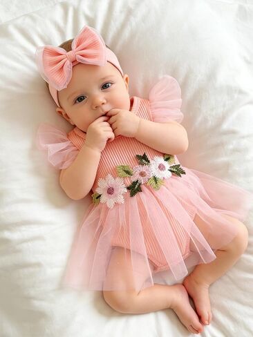 Newborn Baby Girl Summer Rompers Summer Dress Infant Ruffle Sleeveless Clothes with Headband 0-12 Months in Kuwait