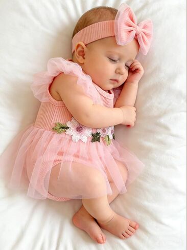 Newborn Baby Girl Summer Rompers Summer Dress Infant Ruffle Sleeveless Clothes with Headband 0-12 Months in Kuwait