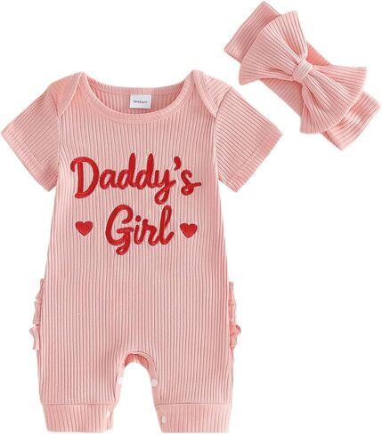 Sejardin Baby Girl Romper Newborn Infant Jumpsuit Letter Print Short Sleeve Crew Neck Romper Summer Clothes with Headband in Kuwait
