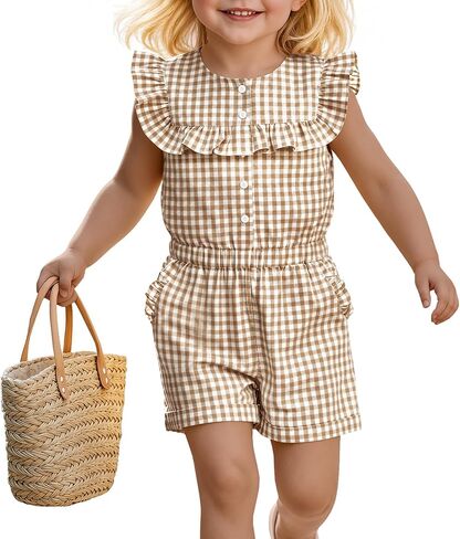 Yooo's Vivi Toddler Girls Rompers | Gingham, Ruffle, Button, Plaid, Short Jumpsuit, Playsuits, Summer, Back to School, Checkerboard, Baby, Little, Kids in Kuwait