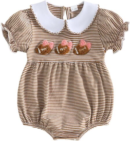 Seyurigaoka Baby Girl Football Bubble Romper Striped Game Day Clothes 0-18M | Short Sleeve, Peter Pan Collar bodysuit, Rugby Smocked Baby Girl Clothes, on Sundays Watch Football in Kuwait