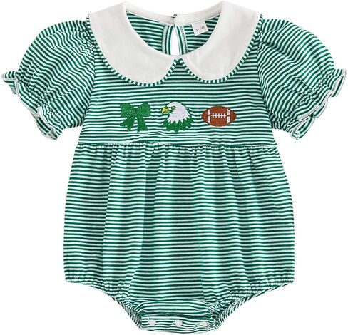 Newborn Baby Girl Football Outfit Peter Pan Collar Bubble Embroidered Romper Smocked Striped Bodysuit Shirts 0-18M in Kuwait