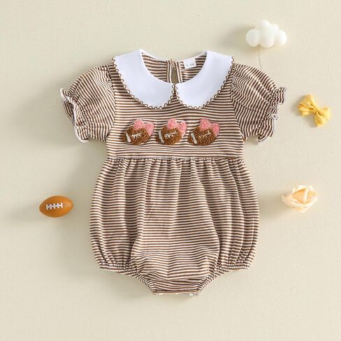 Seyurigaoka Baby Girl Football Bubble Romper Striped Game Day Clothes 0-18M | Short Sleeve, Peter Pan Collar bodysuit, Rugby Smocked Baby Girl Clothes, on Sundays Watch Football in Kuwait