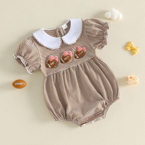 Seyurigaoka Baby Girl Football Bubble Romper Striped Game Day Clothes 0-18M | Short Sleeve, Peter Pan Collar bodysuit, Rugby Smocked Baby Girl Clothes, on Sundays Watch Football in Kuwait