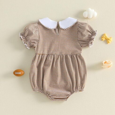 Seyurigaoka Baby Girl Football Bubble Romper Striped Game Day Clothes 0-18M | Short Sleeve, Peter Pan Collar bodysuit, Rugby Smocked Baby Girl Clothes, on Sundays Watch Football in Kuwait