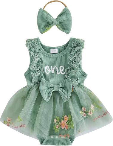 Baby Girl 1st Birthday Outfit One Year Old Romper Dress Lace Ruffle Sleeveless Bodysuit Headband Cake Smash Photo Shoot (Mesh Flower- Green, 12-18 Months) in Kuwait