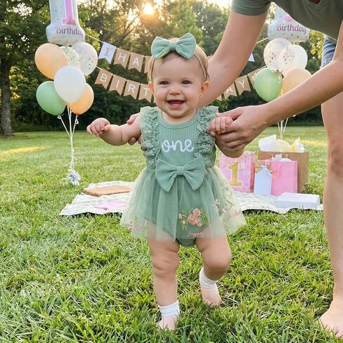 Baby Girl 1st Birthday Outfit One Year Old Romper Dress Lace Ruffle Sleeveless Bodysuit Headband Cake Smash Photo Shoot (Mesh Flower- Green, 12-18 Months) in Kuwait