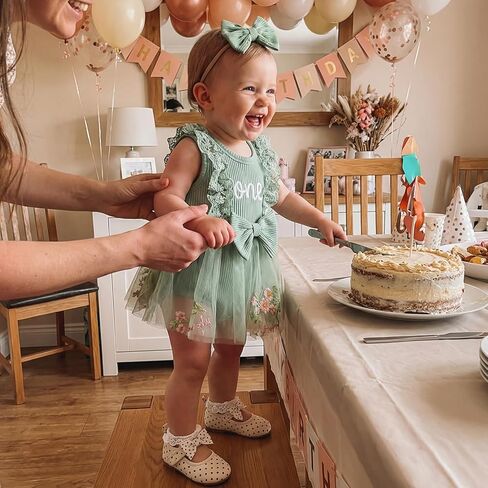 Baby Girl 1st Birthday Outfit One Year Old Romper Dress Lace Ruffle Sleeveless Bodysuit Headband Cake Smash Photo Shoot (Mesh Flower- Green, 12-18 Months) in Kuwait