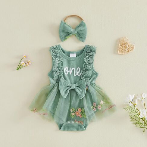 Baby Girl 1st Birthday Outfit One Year Old Romper Dress Lace Ruffle Sleeveless Bodysuit Headband Cake Smash Photo Shoot (Mesh Flower- Green, 12-18 Months) in Kuwait