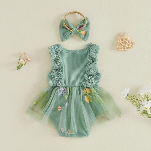 Baby Girl 1st Birthday Outfit One Year Old Romper Dress Lace Ruffle Sleeveless Bodysuit Headband Cake Smash Photo Shoot (Mesh Flower- Green, 12-18 Months) in Kuwait