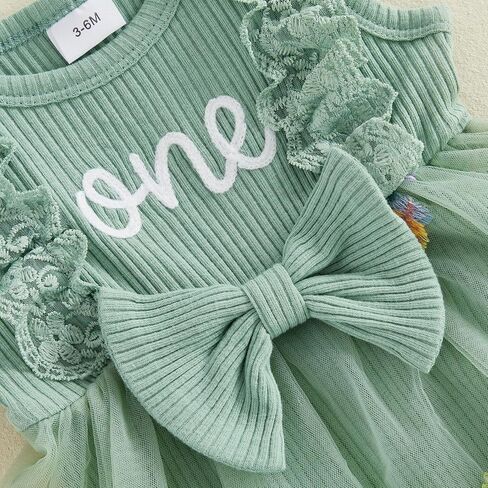 Baby Girl 1st Birthday Outfit One Year Old Romper Dress Lace Ruffle Sleeveless Bodysuit Headband Cake Smash Photo Shoot (Mesh Flower- Green, 12-18 Months) in Kuwait