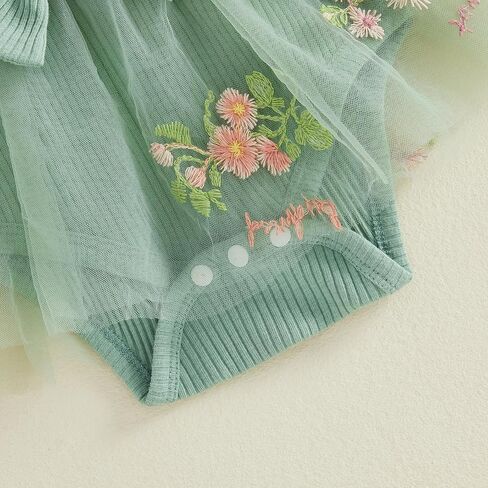 Baby Girl 1st Birthday Outfit One Year Old Romper Dress Lace Ruffle Sleeveless Bodysuit Headband Cake Smash Photo Shoot (Mesh Flower- Green, 12-18 Months) in Kuwait